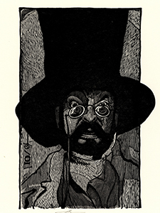 An engraving by Barry Moser of the Mad Hatter from Lewis Carroll’s Alice’s Adventures in Wonderland. From UT Chattanooga Library Special Collection.