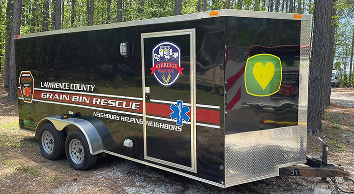 The Lawrence County Grain Bin Rescue Trailer with a decal depicting Hudson’s Heart.