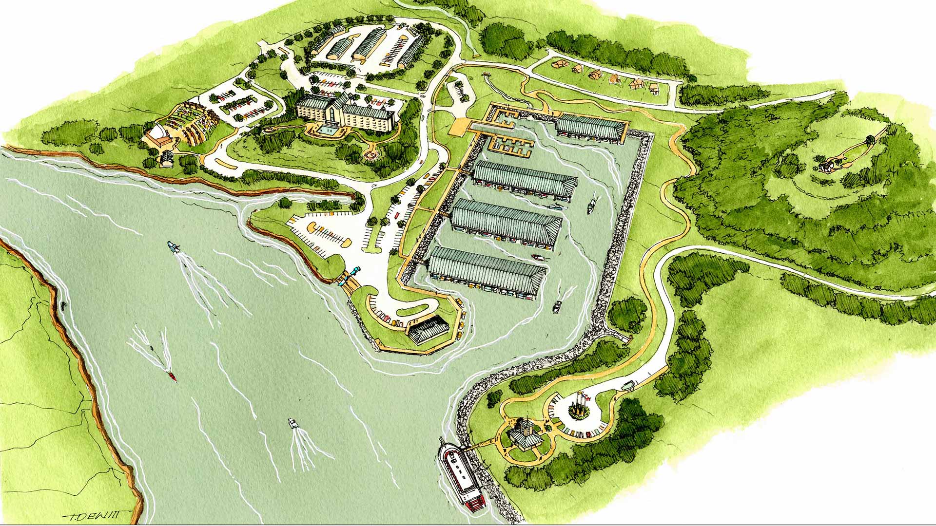 An illustration rendering of a feasibility study for a marina in Savannah.