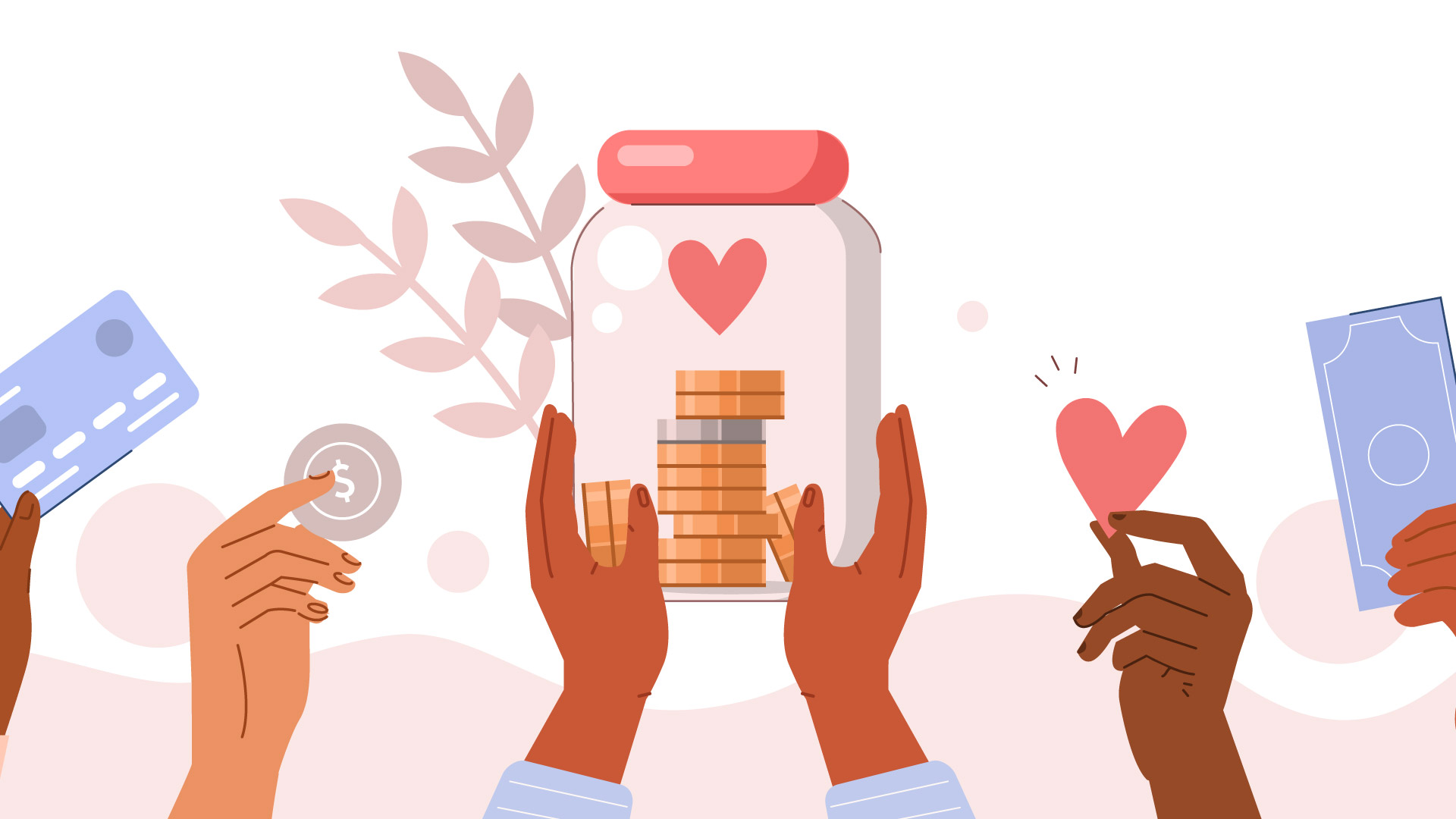 Illustration of hands giving hearts and money as representation of giving and donations.