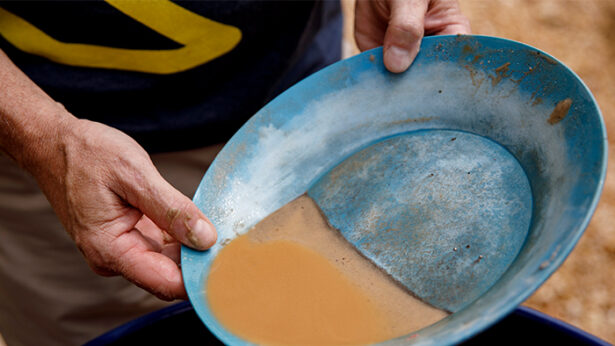 A person holding a sifting pan containing water and sand.