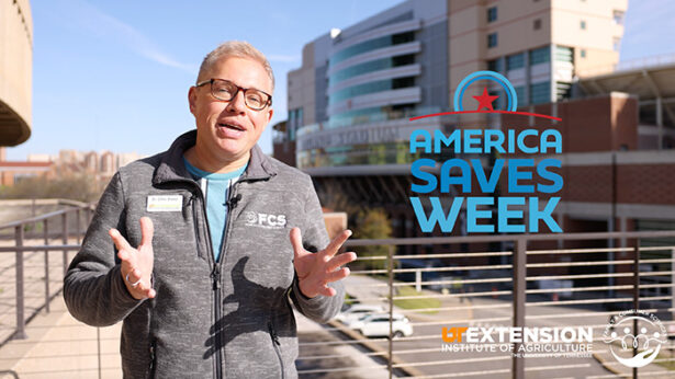 Man with glasses speaking to the camera, with the logos for "America Saves Week" and "UT Extension" to the right.