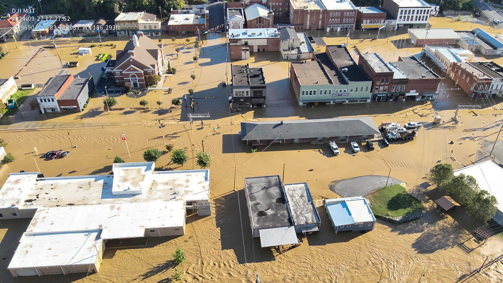 Aerial footage of a city with completely flooded streets in the aftermath of Hurricane Helene.