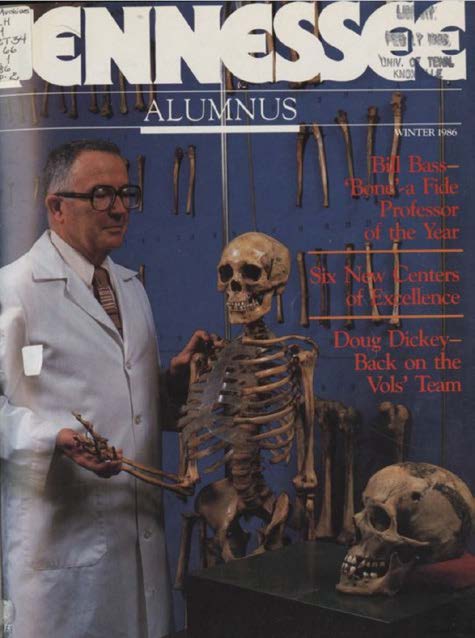 A picture of a old magazine cover, showing a man in a lab coat holding the arm of a skeleton.