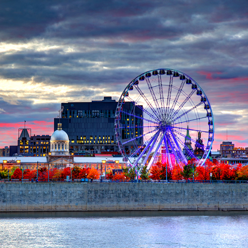 A water-front cityscape with a ferris wheel in the evening.