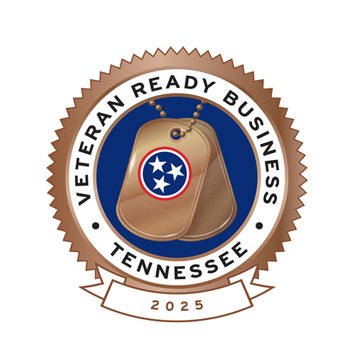 A business emblem, showing a bronze badge and dogtags, which reads "Veteran Ready Business. Tennessee. 2025."