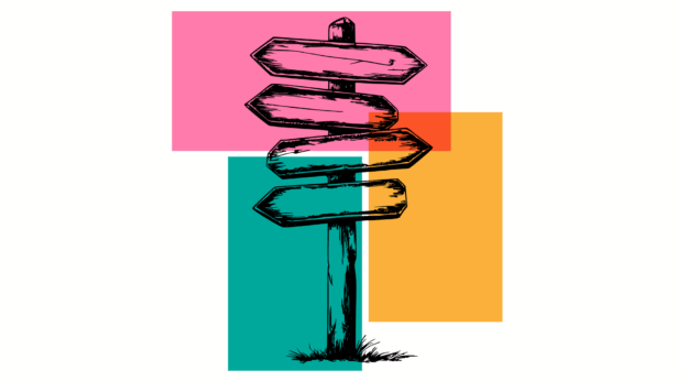 An illustration of a wooden sign post, with multiple signs pointing in different directions.