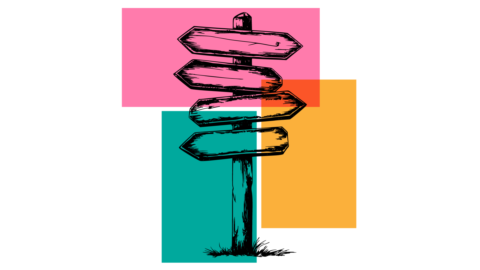 An illustration of a wooden sign post, with multiple signs pointing in different directions.