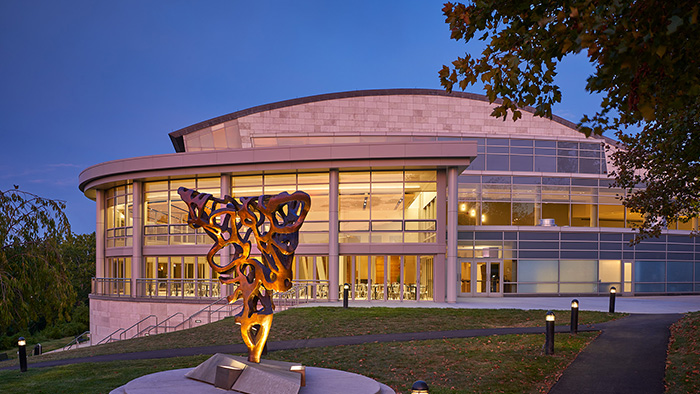 An evening photo of the exterior of the Music Center at Strathmore in Washington, D.C.
