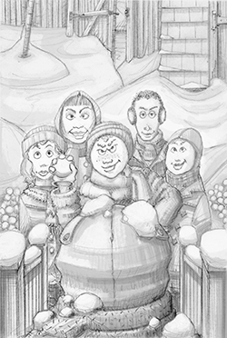 A black and white illustration of children getting ready to have a snowball fight.