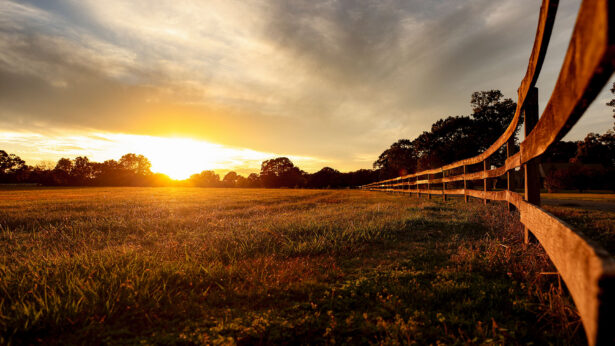 Sunset over a large empty farm field, with a wooden fence running along the right side.
