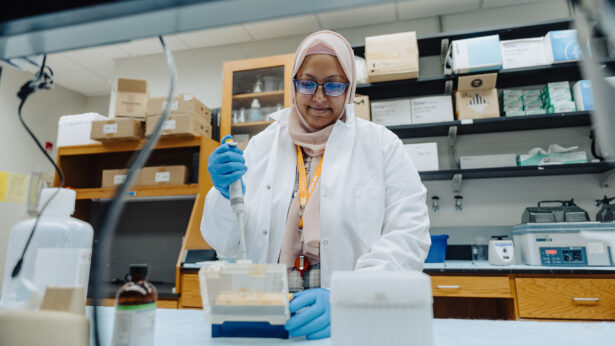 A woman, wearing a hijab, works with samples while in a laboratory.