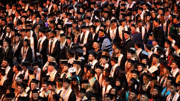 An aerial view of a crowded UT Knoxville graduation ceremony.