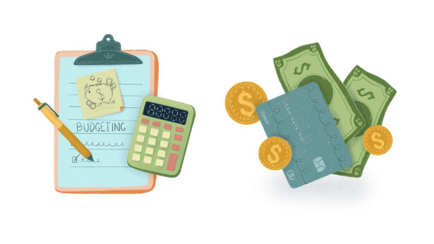 Illustrations of a clipboard, calculator, cash and credit card.