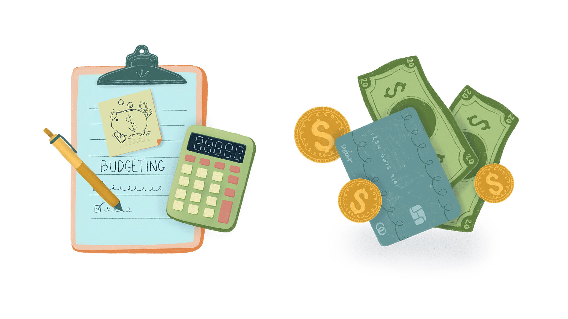 Illustrations of a clipboard, calculator, cash and credit card.