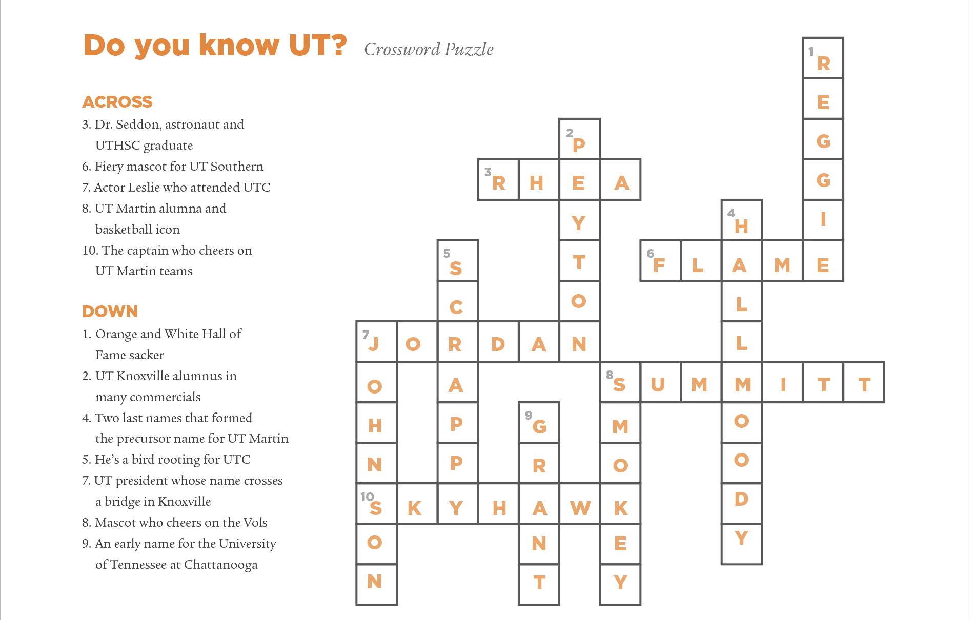 The solutions of a UT-themed crossword puzzle.