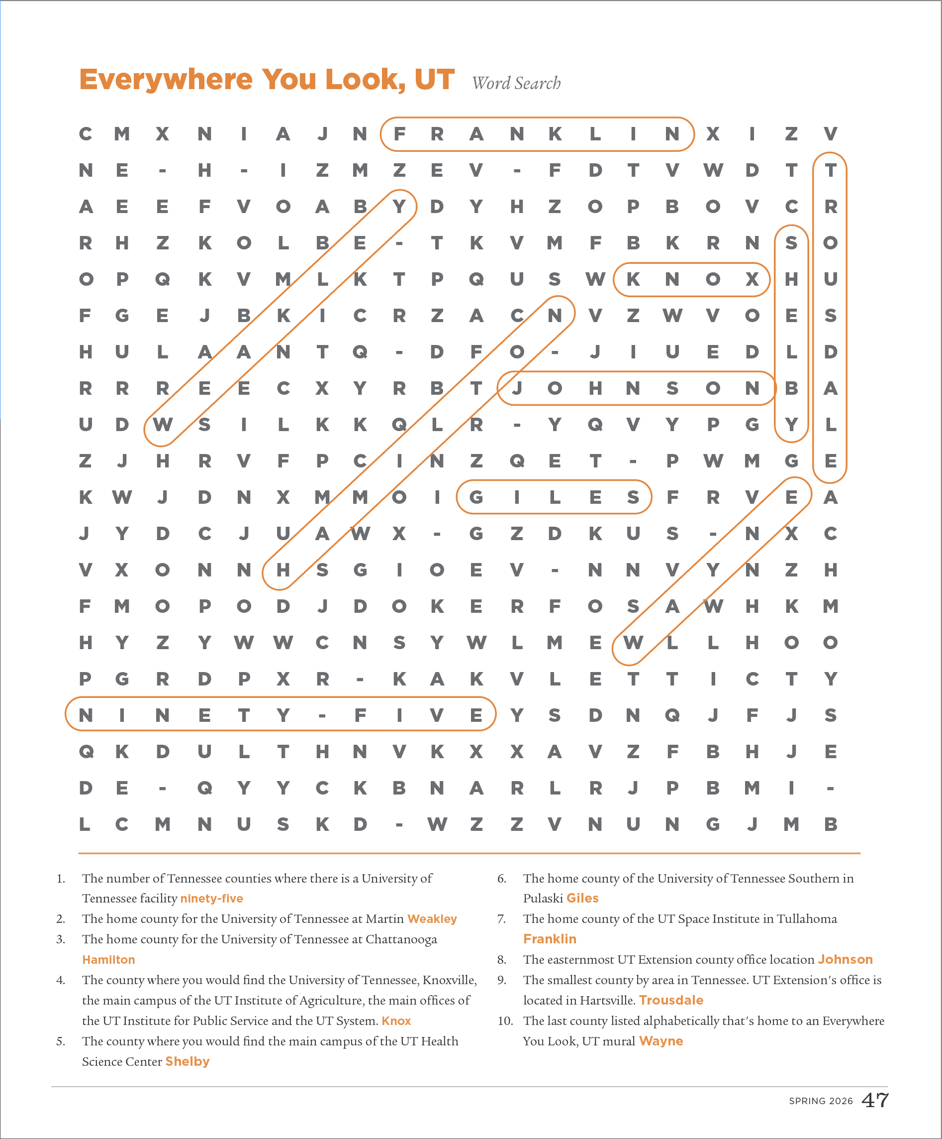 The solutions to a word search puzzle based on the "Everywhere You Look, UT" mural campaign.