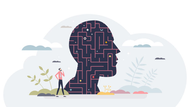 Illustration of the silhouette of a persons head, holding a maze within the silhouette.