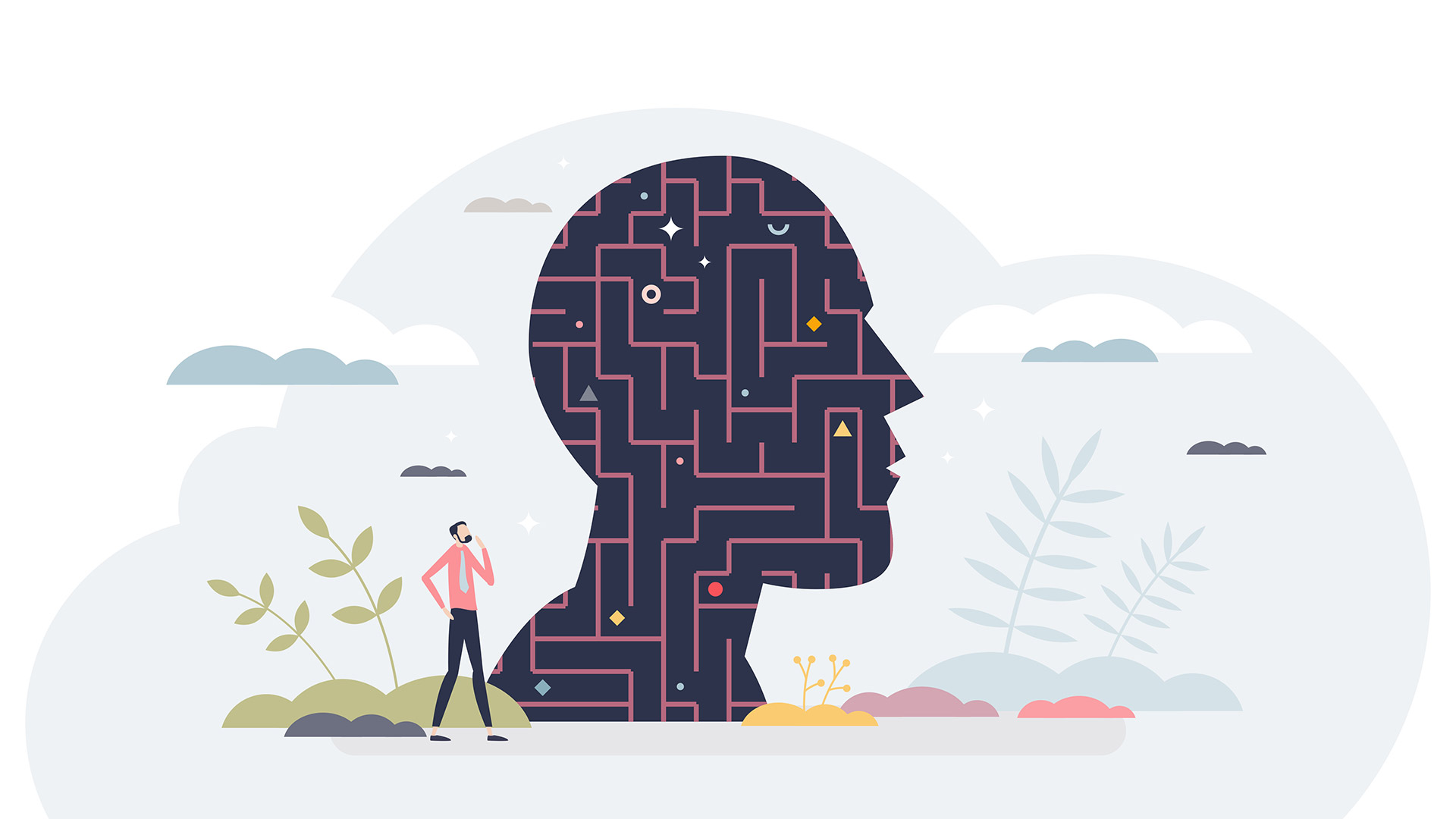 Illustration of the silhouette of a persons head, holding a maze within the silhouette.