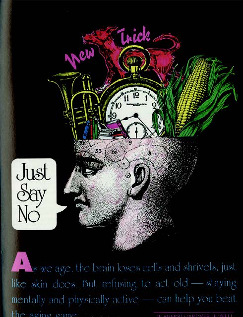 Scanned cover of a magazine, showing the illustration of a person's head, with a corn, clock, trumpet and books coming out of the head.