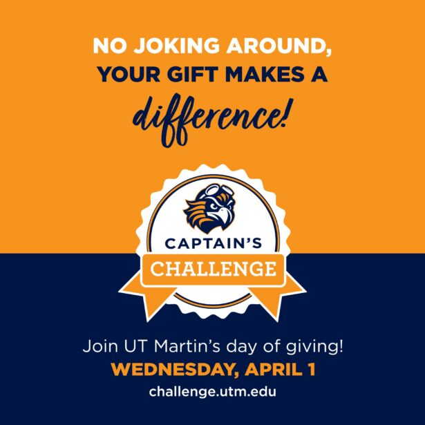 Orange and blue graphic, with the text "No joking around, your gift makes a difference. Captain's Challenge."
