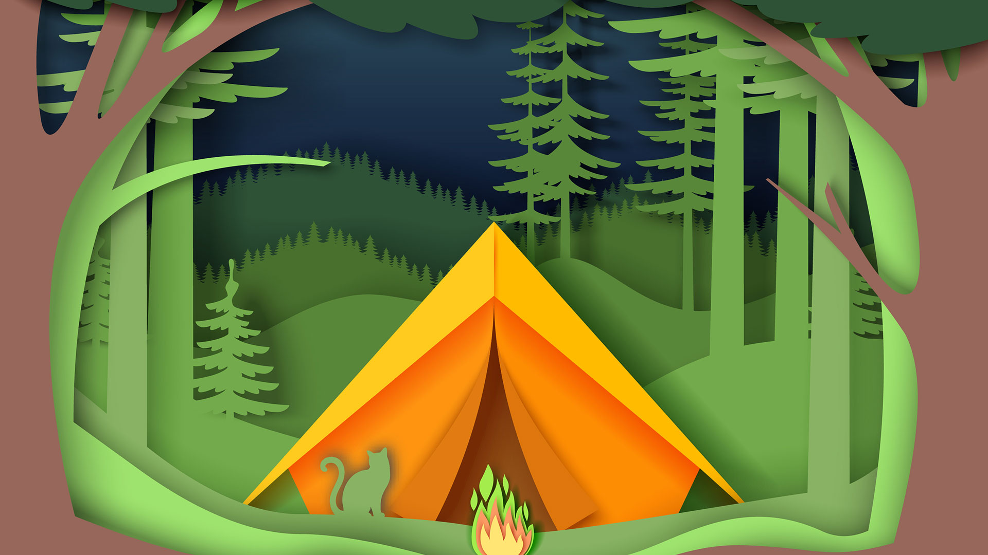 Layered paper artwork of a cat and camping tent in a forest.