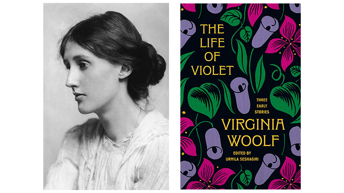 Headshot of Virginia Woolf and the cover of her book, "The Life of Violet".