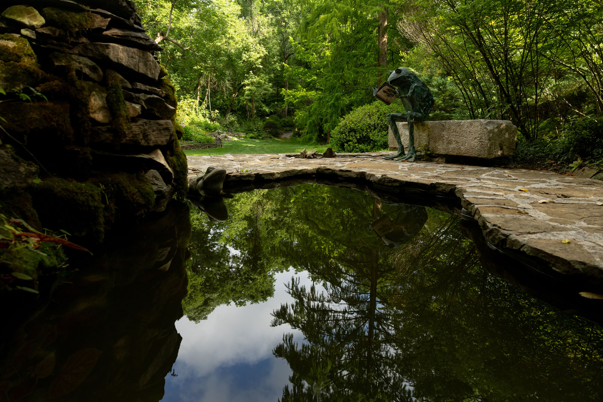 ot-F26-scene Frog sculptures in various poses next to a garden pond.