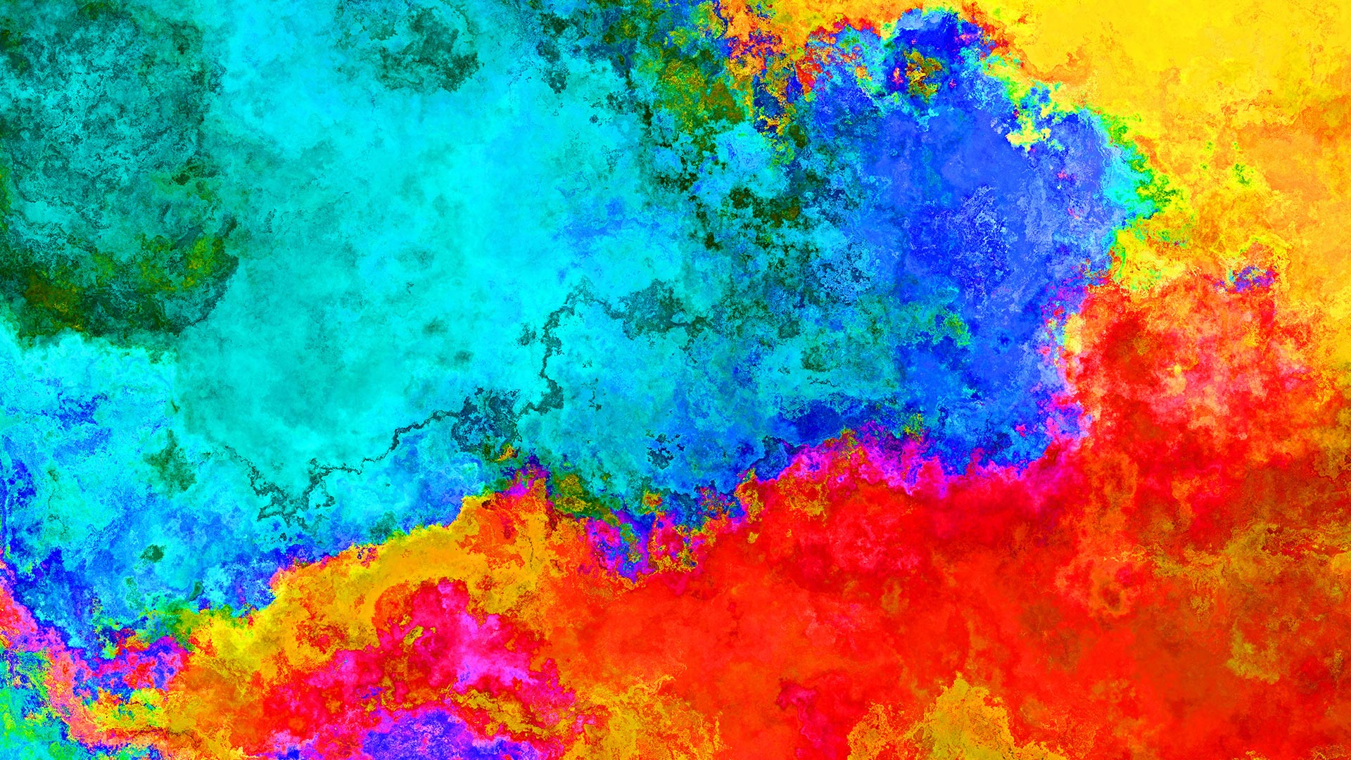 Abstract illustration of bright red, green, yellow and blue paint splotches.