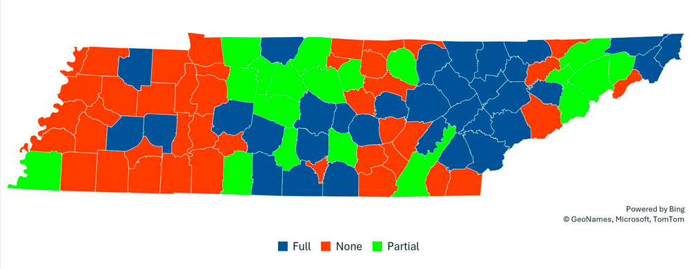 Tennessee county map graphic show almost one-third reporting a full accounting structure, one-third with partial and one-third with no accounting structure.