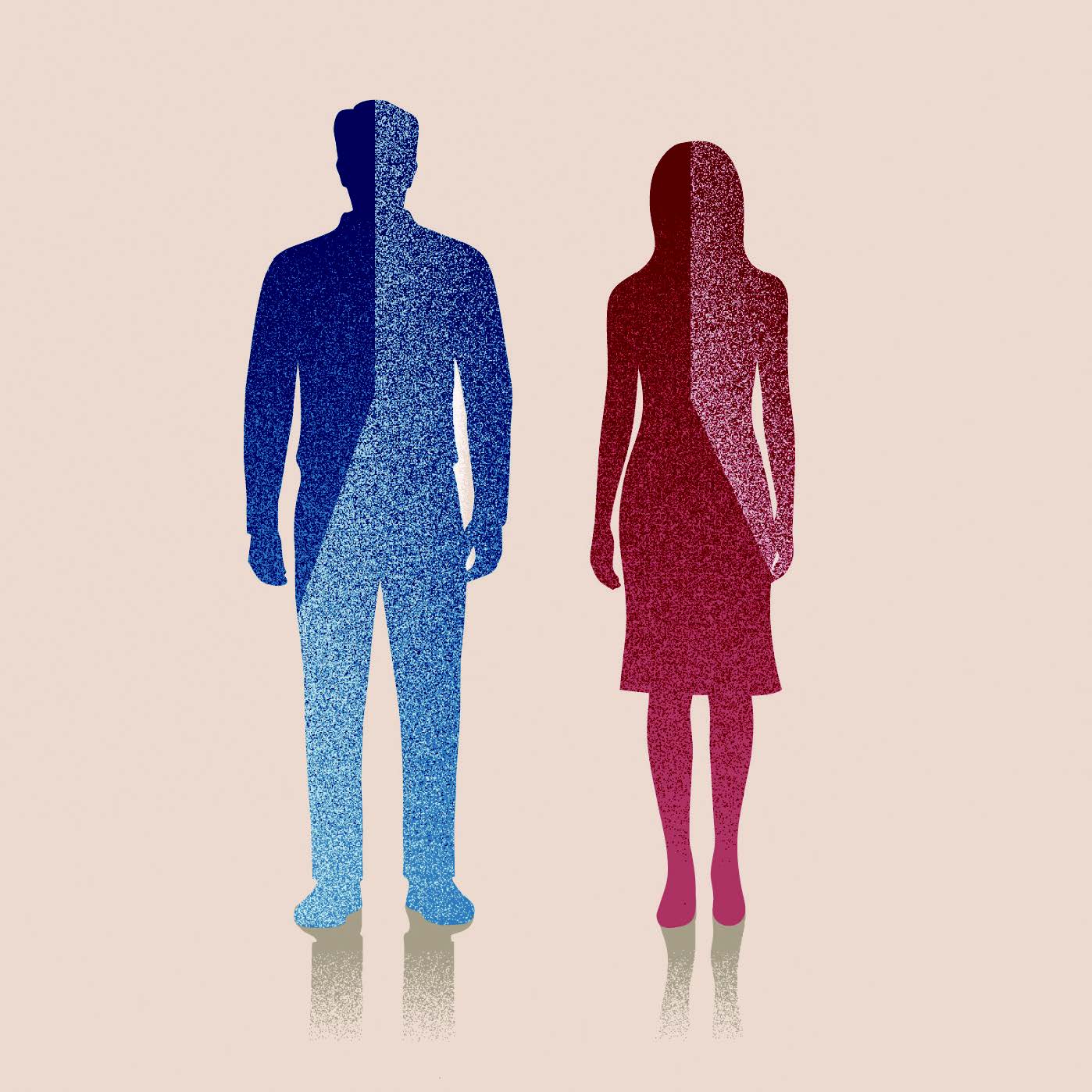 Blue and red outline illustrations of male and female figures.