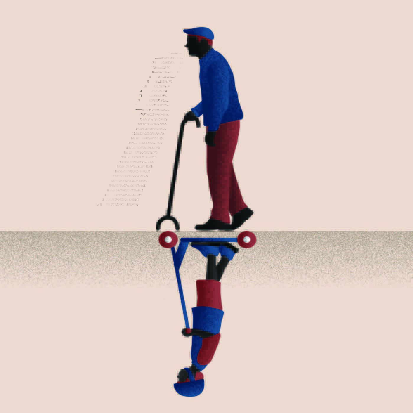 Blue and red illustration showing an old man, with a young child upside and underneath the older man, like a reflection.