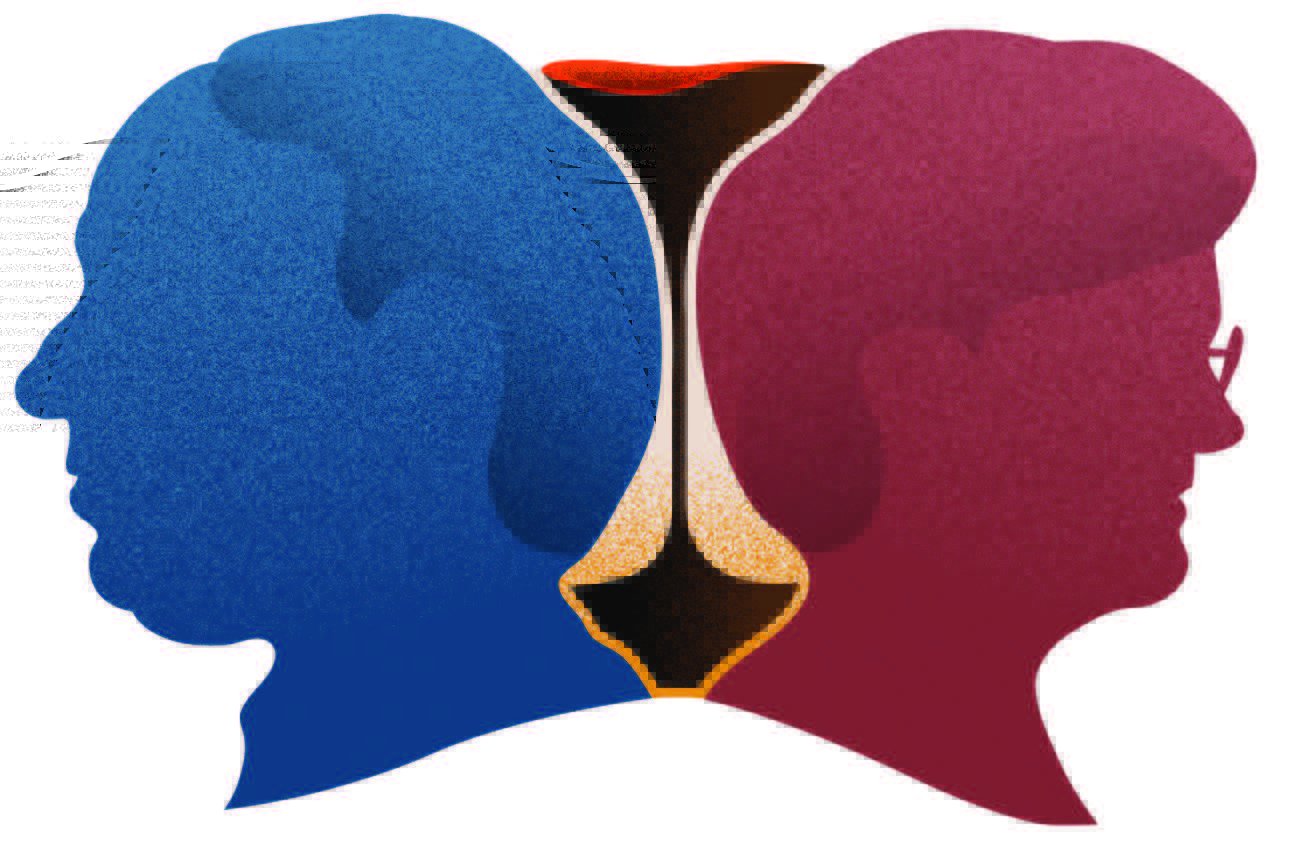 Blue and red illustration of opposite facing heads of a man and woman, with an hour glass in between.