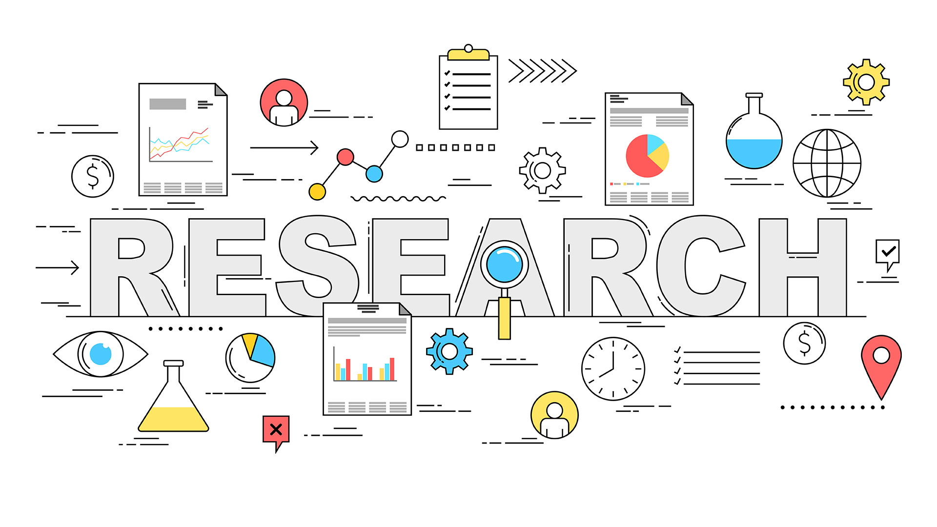The word "Research" surrounded by line art illustrations of research-themed icons.